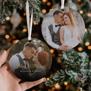 Frisch Vermählt & Glücklich Hochzeitsfoto Keramik Ornament