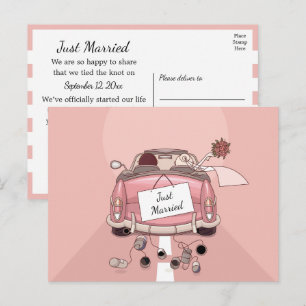 Frisch Vermählt Rosa Vintage Fluchtauto Hochzeit Ankündigungspostkarte