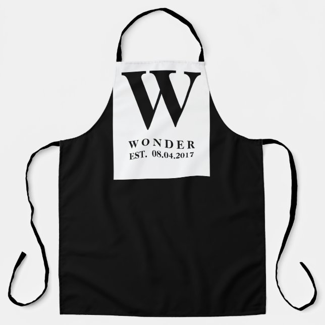 Frisch Vermählte Monogramm schwarze moderne Hochze Schürze (Vorderseite)