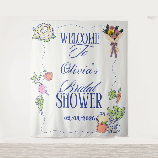 Frisch vom Markt Brautparty Shower Whimsical Gezei Wandteppich (Vorderseite)