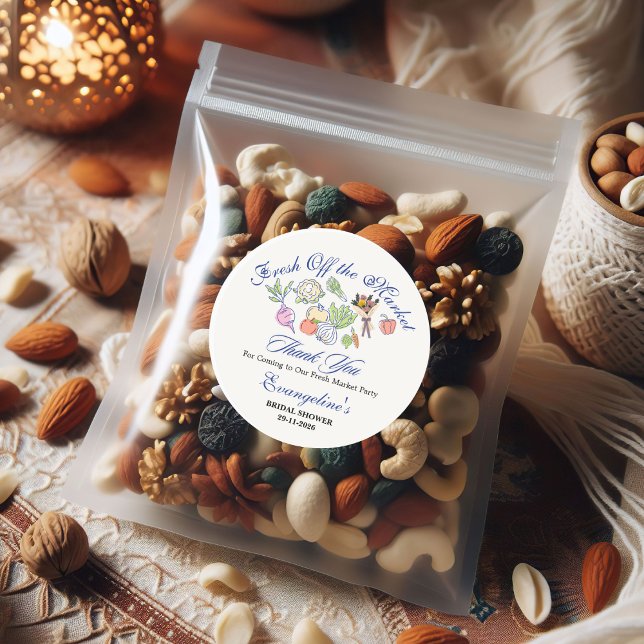 Frisch vom Markt Brautparty Whimsical Runder Aufkleber (Fresh Off the Market Bridal Shower Whimsical Classic Round Sticker)