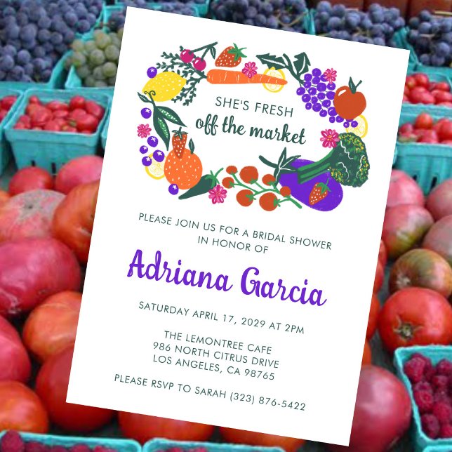 FRISCH VOM MARKT Gemüse Obst Junggesellinnenabschi Einladung (FRESH OFF THE MARKET Veggies Fruits Hand-drawn Cute Bridal Shower Invitation
)