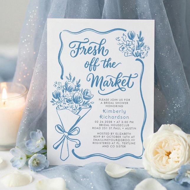 Frisch vom Markt Skurril gezeichnete Bridal Shower Einladung (Fresh Off The Market Whimsical Hand Drawn Dusty Blue Bridal Shower Invitation)