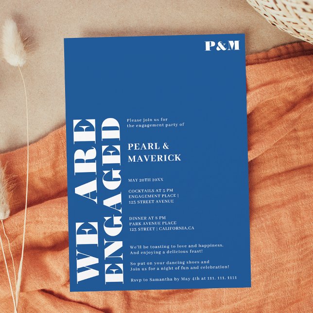 Frische, blaue Hochzeitsfeier Einladung (Bold simple blue wedding engagement party invitation)