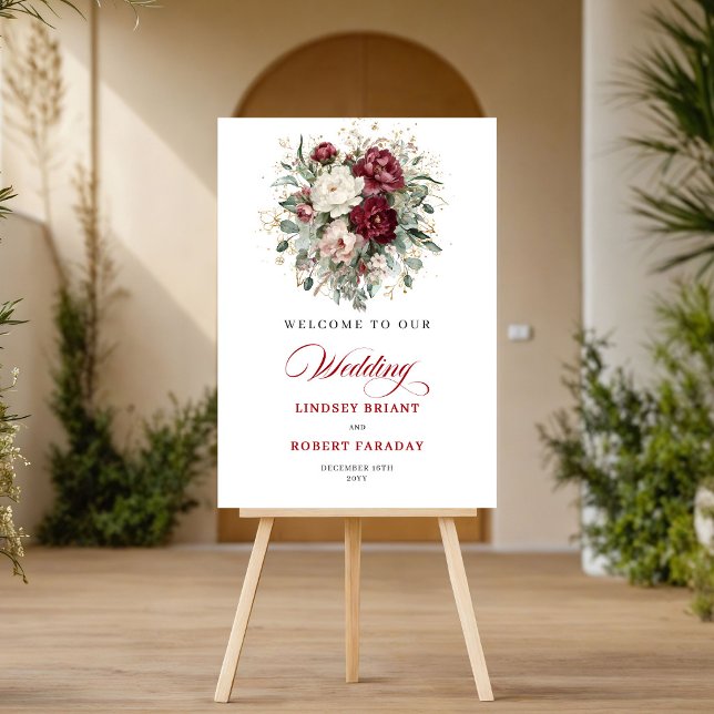 Frische Boho-Burgunder-Blumen-Grünpflanzen-Willkom Poster (Fresh Boho Burgundy Floral Greenery Welcome Sign)
