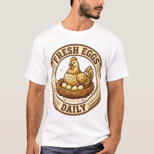 Frische Eier Täglich Hühnernest Farm-Abzeichen Des T-Shirt