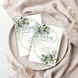 Frische Eleganz Grüne und Goldene Eukalyptus-Hochz RSVP Karte