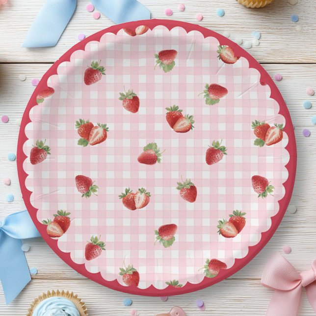 Frische Erdbeere mit rosa Gingham-Muster Pappteller (Strawberry with pink gingham paper plate)