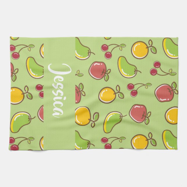 Frische Früchte im Sommer, grüne Muster Geschirrtuch (Horizontal)