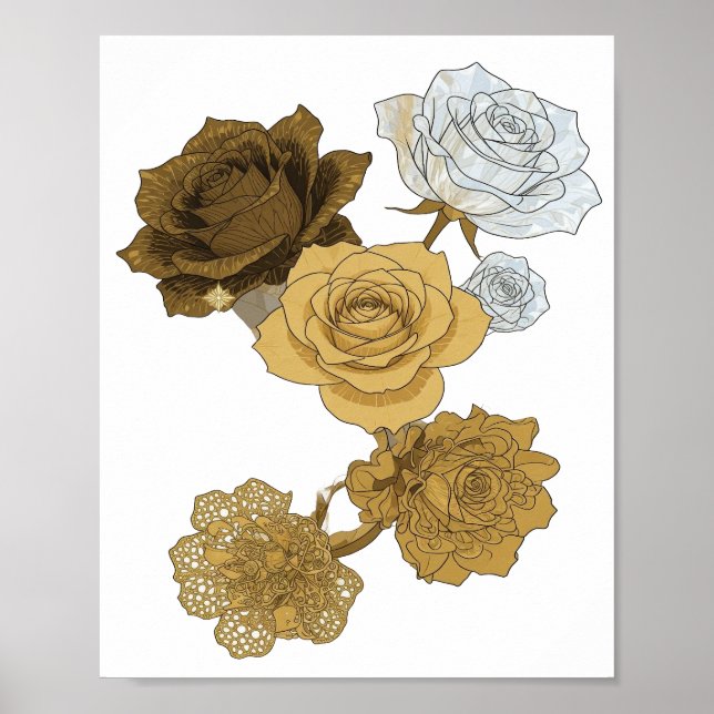 Frische graue GOLDENE ROSEN 3D Textkunst Poster (Vorne)