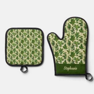Frische grüne Kräuter Küche Ofenhandschuh & Topflappen-Set