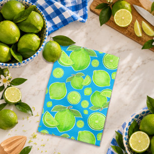 Frische grüne Limetten auf blauem Zitrusfruchtmust Geschirrtuch