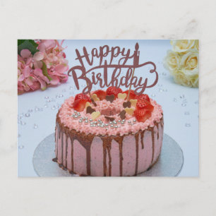 Frische Happy Birthday Torte weiße Tischdecke Blum Postkarte