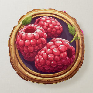 Frische Himbeeren in goldenem Kunstwerk gerahmt Rundes Kissen