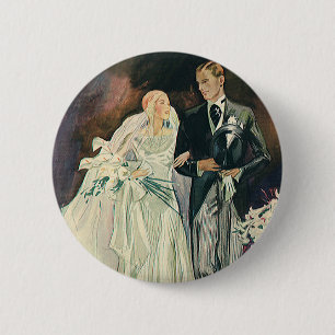 Frische Hochzeit Neuvermählte, glückliche Braut un Button