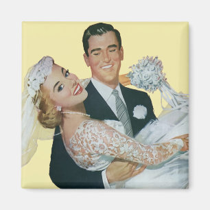 Frische Hochzeit Neuvermählte, glückliche Braut un Magnet