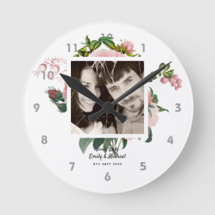 Frische Hochzeit Rosa Rosen Botanische Florale FOT Runde Wanduhr