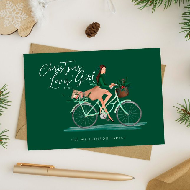 Frische Pasta machen Feiertagskarte (Waterolor Christmas Lovin' Girl Riding A Bicycle Holiday Card)