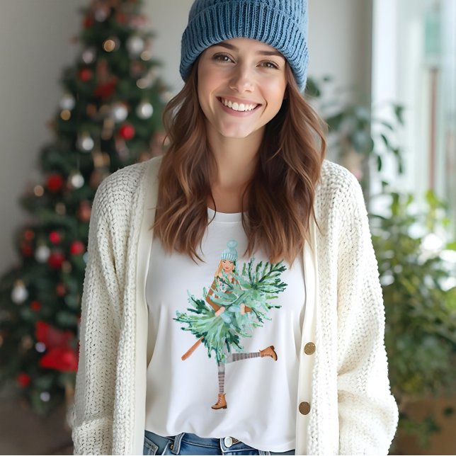 Frische Pasta machen Tri-Blend Shirt (Watercolor Christmas Lovin' Girl Holding Pine Tree Tri-Blend Shirt)