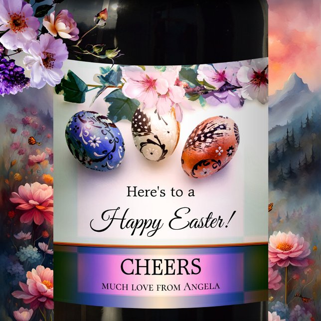 Frische Pasta machen Weinetikett (A festive artistic wine label with Easter eggs, spring blossom and a neon text background)