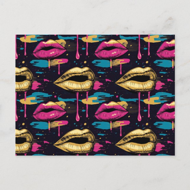 Frische Pop Art Lips Muster mit dynamischen Tropfe Postkarte (Vorderseite)