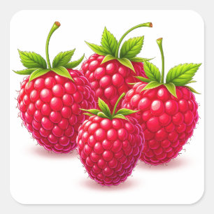 Frische reife Himbeeren mit grünen Blättern Quadratischer Aufkleber