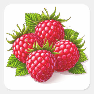 Frische reife Himbeeren mit grünen Blättern Quadratischer Aufkleber