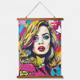 Frische Retro Pop Portrait Wandteppich Mit Holzrahmen