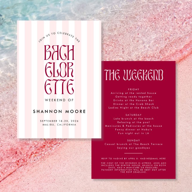 Frische rosa Magenta Streifen Bachelorette Wochene Einladung (Pink and bold - a fun Bachelorette weekend invitation with bold typography and a striped background.)