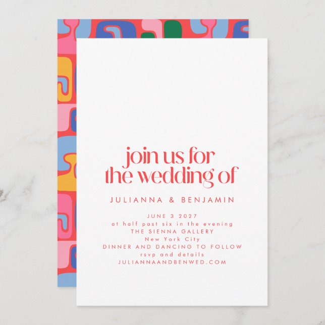 Frische Rote Retro Abstrakte Formen Hochzeit Einladung (Vorne/Hinten)