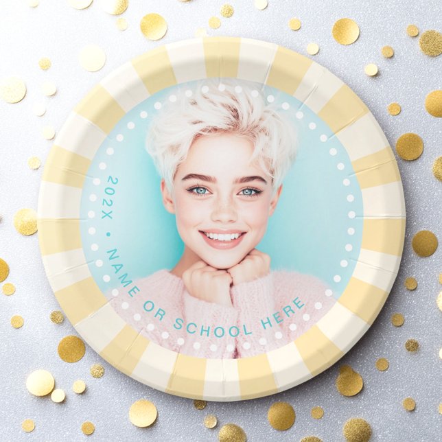 Frische trendige Sunburst Student Abschluss Foto Pappteller (Fresh trendy sunburst student graduation photo paper plates)