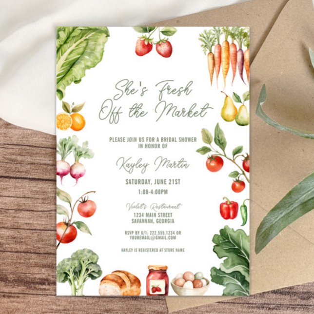 Frische vom Brautparty des Marktes für Bauern Einladung (She’s fresh off the market! rustic farmer’s market bridal shower invitation, vegetables, fruits)