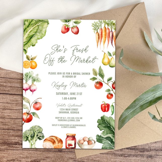 Frische vom Brautparty des Marktes für Bauern Einladung (She’s fresh off the market! rustic farmer’s market bridal shower invitation, vegetables, fruits)