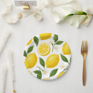 Frische Zitronenmuster mit Blättern und Blüten  Pappteller