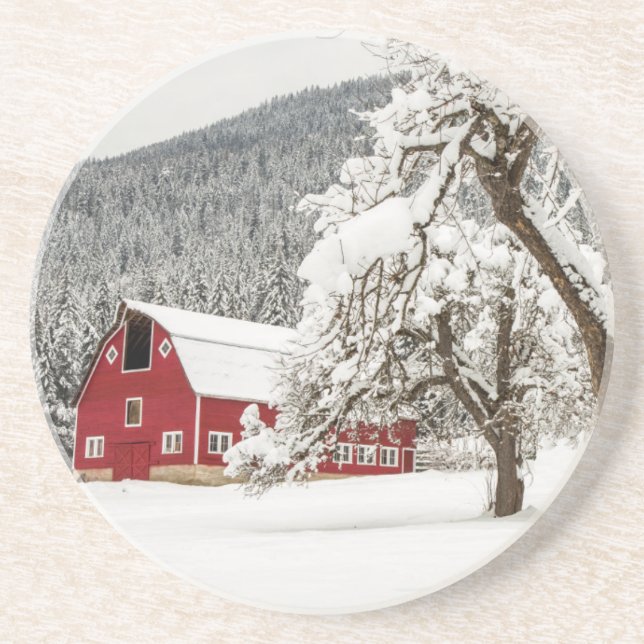 Frischer Schnee auf roter Scheune Untersetzer (Vorne)