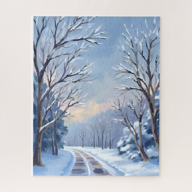 Frischer Schneefall | Winterstraße Wasserfarbe Nat Puzzle (Vertikal)