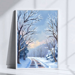 Frischer Schneefall Winterstraße Wasserfarben Na Poster
