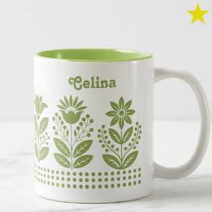 Frisches grünes minimalistisches Volkskunst-Blumen Zweifarbige Tasse