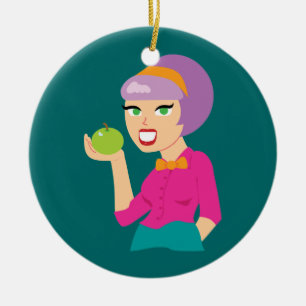 Frisches Retro-Mädchen mit Apfel Keramikornament