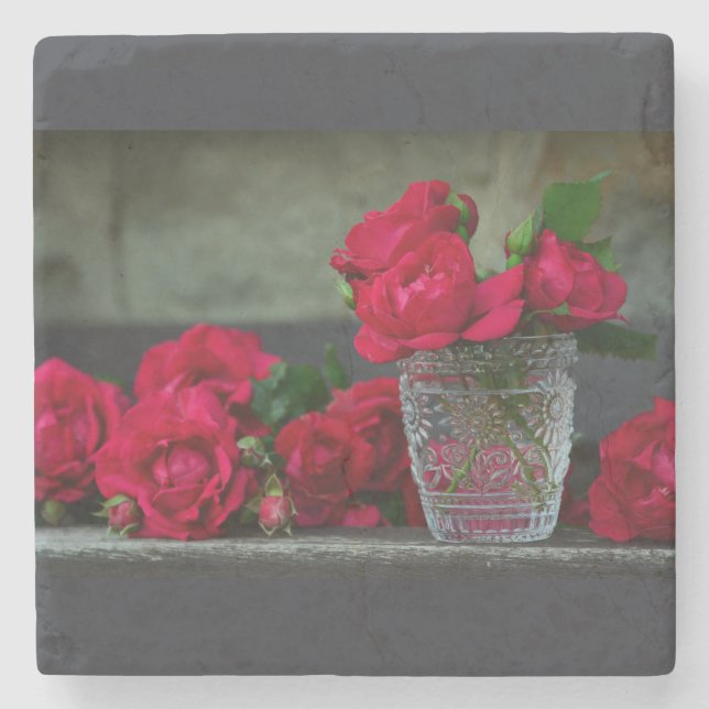 Frischgeschnittene Rote Rosen Steinuntersetzer (Vorderseite)
