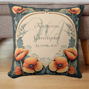 Frischvermählte Vintage-Blumenmonogramm Mohn Art N Kissen