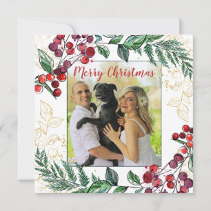 Frischvermähltes Paar mit Hunde-Foto-Blumen-Weihna