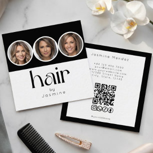 Friseur 3 Foto QR-Code Soziale Medien Schwarz Weiß Quadratische Visitenkarte