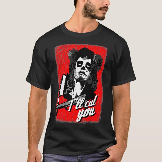 Friseur Barbering Razor Sugar Skull T-Shirt (Vorderseite)