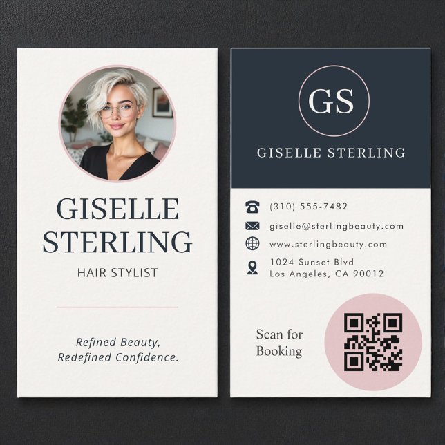 Friseur Blush & Navy Foto QR Code  Visitenkarte (Von Creator hochgeladen)