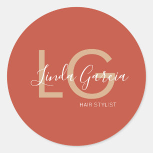 Friseur Burnt Orange Beige Monogrammiert Runder Aufkleber