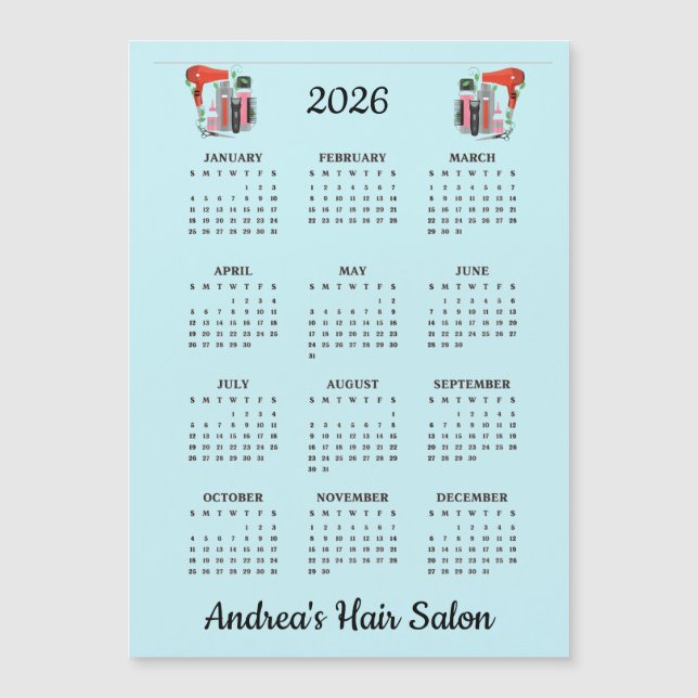 Friseur-Design 2026 Kalender Magnetkarte (Vorderseite)