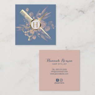 Friseur Dusty Blue & Pink Botanischer Salon Quadratische Visitenkarte