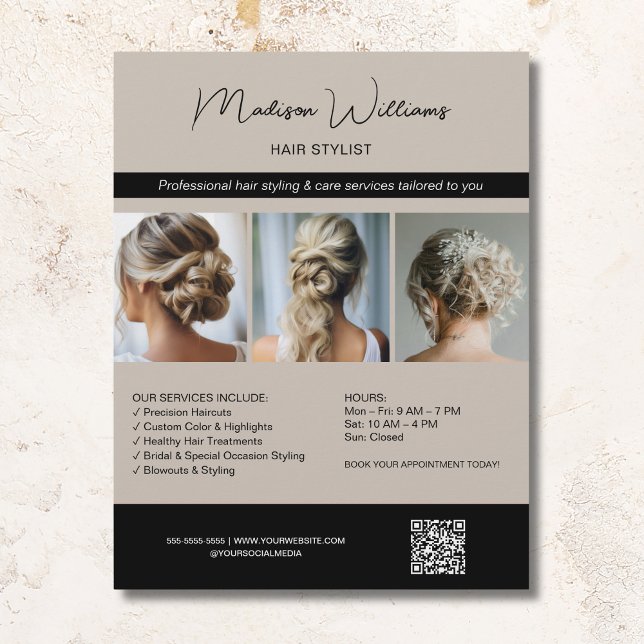 Friseur-Friseur-Salon 3 Fotos QR Beige Flyer (Hair Stylist Hairdresser Salon 3 Photos QR Beige Flyer)
