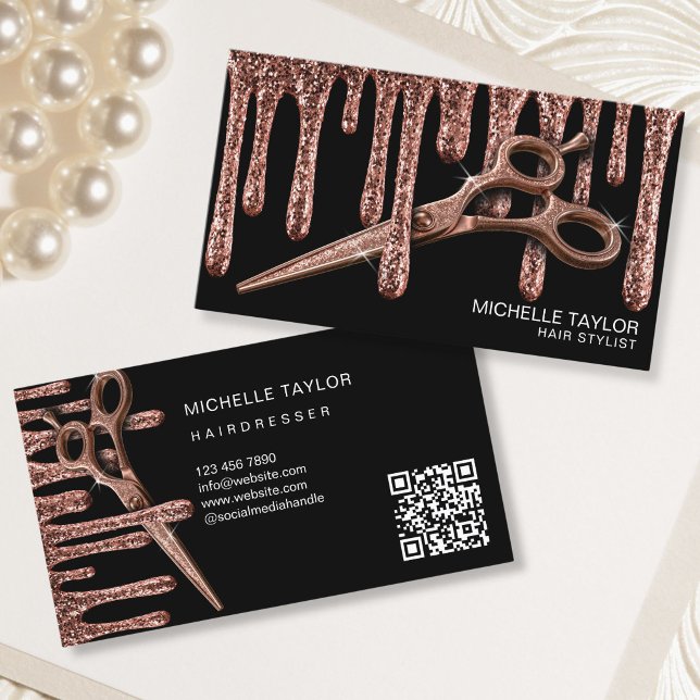 Friseur Friseurin Rose Gold Glitter QR-Code Visitenkarte (Hair Stylist Hairdresser Rose Gold Glitter QR Code Business Card)